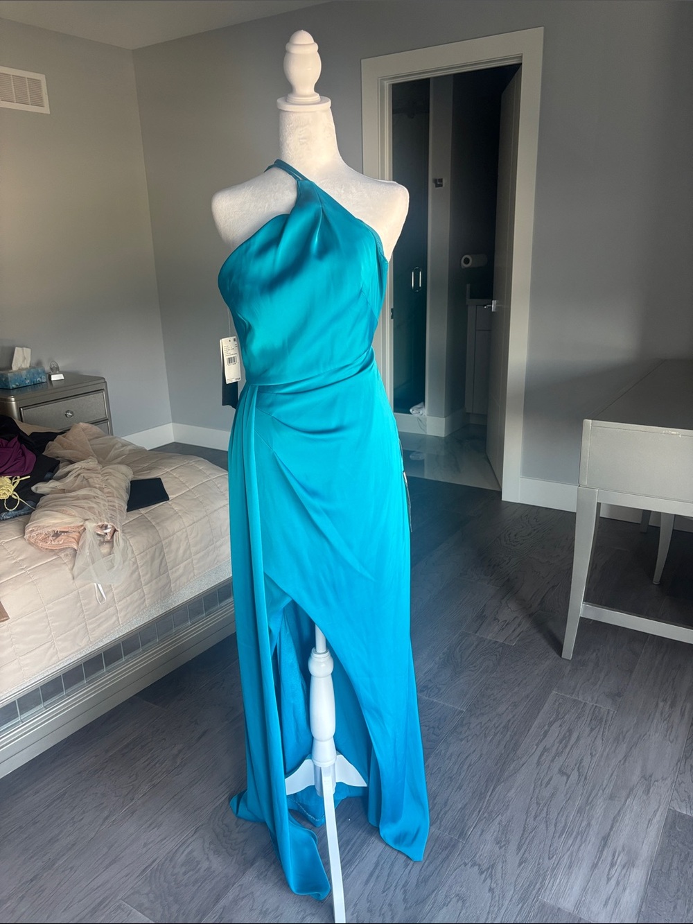 Adrianna Papell One-Shoulder Teal Evening Gown